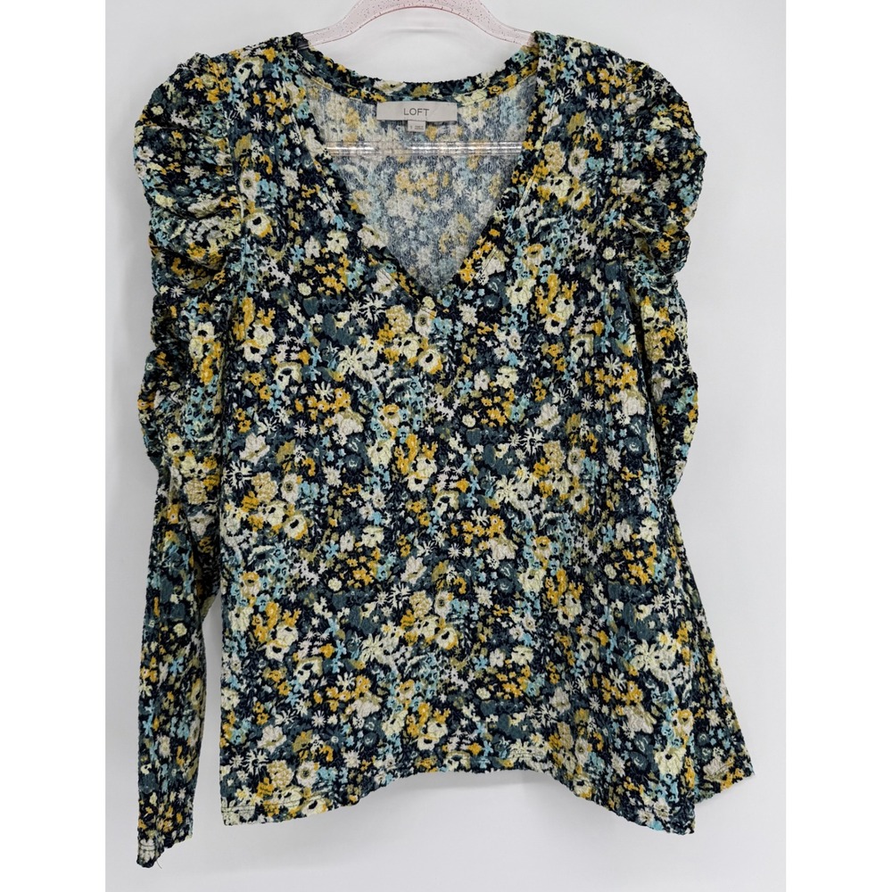 LOFT Womens Puffed Shoulder Floral V-Neck Knit Top Blue Yellow Sz S‎